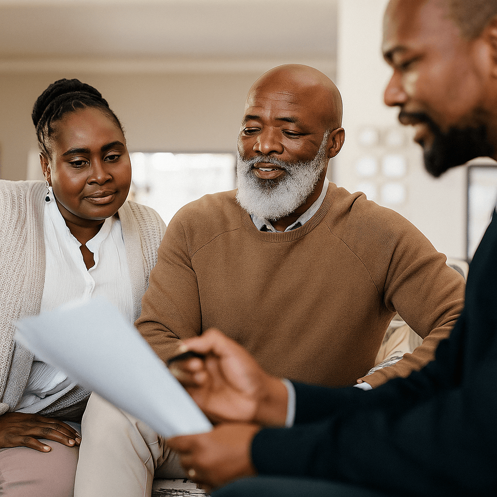 Black financial advisor discussing investment strategies with older Black couple focused on retirement and legacy.